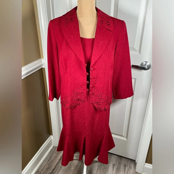 Danny & Nicole women's red 2pc dress buttonup jacket & skirt suit size 14 - Picture 10 of 14